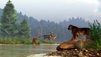 A saber-toothed cat looks across a river at a family of deer Fine Art Print