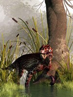 A Lycaenops stalking through a shallow prehistoric wetland Fine Art Print