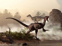 A pair of velociraptors patrol the shore of an ancient lake Fine Art Print