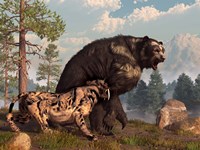 A saber-toothed cat tries to drive a short-faced bear out of its territory Fine Art Print