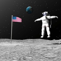 First astronaut on the moon floating next to American flag Fine Art Print
