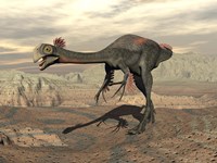 Gigantoraptor dinosaur walking  on rocky terrain Fine Art Print