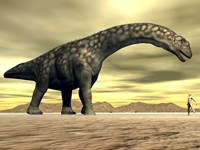 Large Argentinosaurus dinosaur face to face with a human by Elena Duvernay - various sizes