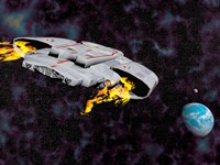 Spaceship with afterburners engaged as it approaches planet Earth Fine Art Print