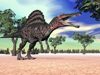 Spinosaurus standing in the desert with trees Fine Art Print