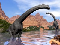 Two Brachiosaurus dinosaurs in water next to red rock mountains Fine Art Print