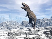 Tyrannosaurus Rex dinosaur in a snowy landscape Fine Art Print