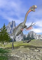 Gigantoraptor dinosaur running in the mountains Fine Art Print