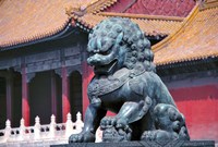 China, Beijing, Lion statue guards Forbidden City Fine Art Print