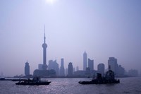 Water Traffic along Huangpu River Passing Oriental TV Tower and Pudong Skyline, Shanghai, China Fine Art Print