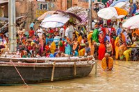 Worshipping Pilgrims on Ganges River, Varanasi, India Fine Art Print