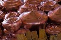 Copper kettles, Lijiang Market, Lijiang, Yunnan Province, China Fine Art Print