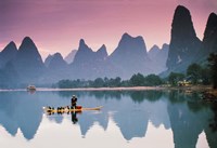 Cormorant fishing at dusk, Li river, Guangxi, China Fine Art Print
