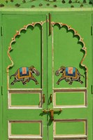 Elephants painted on green door, City Palace, Udaipur, India Fine Art Print