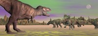 Tyrannosaurus attacking Styracosaurus dinosaurs Fine Art Print