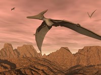 Three pteranodon dinosaurs flying above rocky landscape Fine Art Print