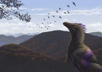 Velociraptor in an autumn landscape Fine Art Print
