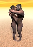 Male and female Homo erectus hugging in the desert by Elena Duvernay - various sizes