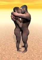 Male and female Homo erectus hugging in the desert Fine Art Print