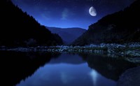 Moon rising over tranquil lake and forest against starry sky, Bulgaria Fine Art Print