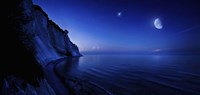 Moon rising over tranquil sea and Mons Klint cliffs, Denmark Fine Art Print