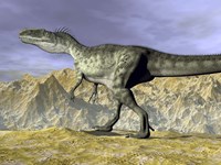 Monolophosaurus dinosaur walking on rocky terrain near mountain Fine Art Print