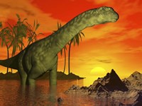 Large Argentinosaurus dinosaur in water at sunset Fine Art Print