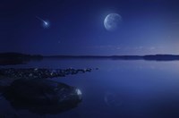 Starry sky, moon and falling meteorite over a lake, Finland Fine Art Print