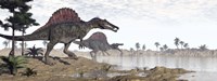 Two Spinosaurus dinosaurs walking to the water in a desert landscape Fine Art Print