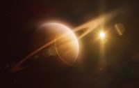 Saturn in outer space against Sun and star field Fine Art Print