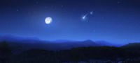 Mountain range on a misty night with moon and starry sky Fine Art Print