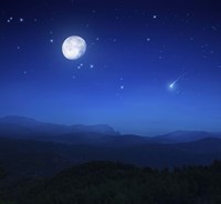 Mountain range on a misty night with moon, starry sky and falling meteorite Fine Art Print