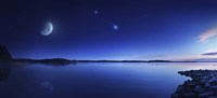 Tranquil lake against starry sky, moon and falling meteorite, Finland Fine Art Print