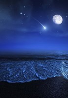 Tranquil ocean at night against starry sky, moon and falling meteorite Fine Art Print