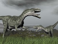 A territorial dispute between two Monolophosaurus dinosaurs Fine Art Print