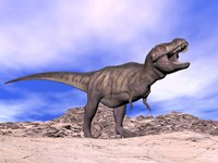 Aggressive Tyrannosaurus Rex dinosaur in the desert by Elena Duvernay - various sizes, FulcrumGallery.com brand