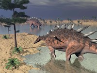 Kentrosaurus dinosaurs walking in the water next to sand and trees Fine Art Print