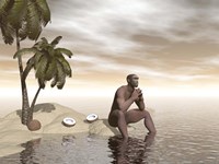 Male Homo Erectus sitting alone on a beach island next to coconuts by Elena Duvernay - various sizes