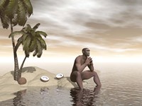 Male Homo Erectus sitting alone on a beach island next to coconuts Fine Art Print