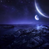 Nearby planets hover over the ocean on this world at night Fine Art Print