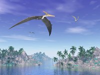 Pteranodon birds flying above islands with palm trees Fine Art Print