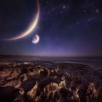 Rising plantes hover over ocean and rocky shore against starry sky Fine Art Print