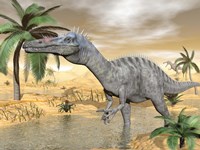 Suchomimus dinosaur walking in the water in desert landscape Fine Art Print