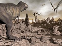 Tyrannosaurus Rex dinosaur and Pteranodons on a rocky desert landscape Fine Art Print