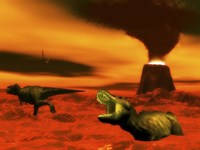 Tyrannosaurus Rex dinosaurs struggle to survive from a volcanic eruption Fine Art Print