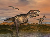 Tyrannosaurus Rex dinosaurs with pteranodon bird flying above Fine Art Print