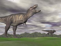 Tyrannosaurus Rex growling as a fellow T-Rex runs away Fine Art Print