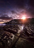 Rocky shore and tranquil sea against cloudy sky at sunset, Sardinia, Italy Fine Art Print
