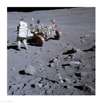 Astronaut walking near the lunar rover on the moon, Apollo 16 Fine Art Print
