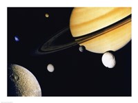Saturn and its Satellites.  Clockwise from right: Tethys, Mimas, Encleladus, Dione, Rhea & Titan Fine Art Print